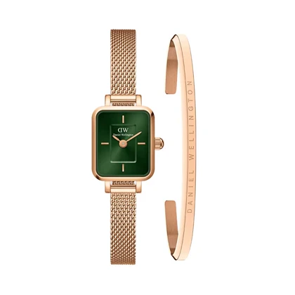 ست ساعت و دستبند DW زنانه مستطیلی ظریف رزگلد صفحه سبز DW-5515-S-L