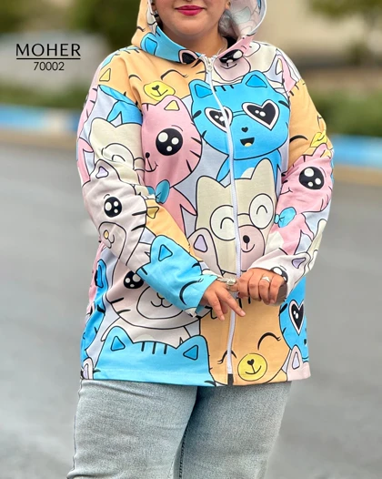 هودی کرک‌دار زنانه سایز بزرگ طرح گربه های ملوس