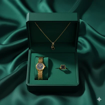 ست زنانه ساعت و گردنبند و انگشتر مدل Van Cleef -طلایی مشکی ویژه