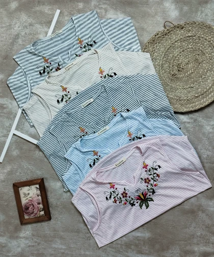 تاپ راه راه یقه گره گلدوزی زنانه کد 40309