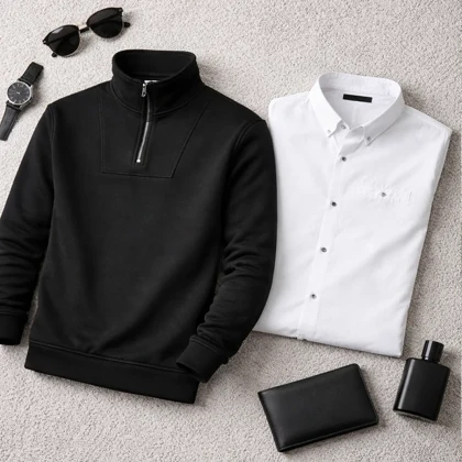 پکیج دورس مردانه نیم زیپ مدل Behbod-مشکی + پیراهن مردانه سفید مدل VQ