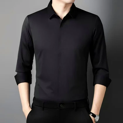 پیراهن آستین بلند مشکی مردانه ساتن کش