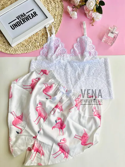 ست تاپ شورتک ساتن طرح فلامینگو