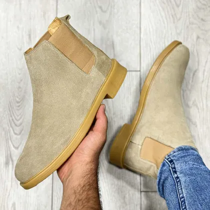 بوت مردانه مدل چلسی چرم طبیعی جیر رنگ خاکی