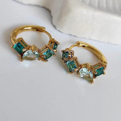 گوشواره حلقه‌ای TOSH طلایی با نگین‌های آبی و فیروزه‌ای مدل Mosaic