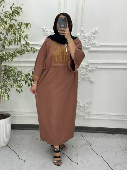 پیراهن لینن گلدوزی آستین کیمونو کالباسی 6029