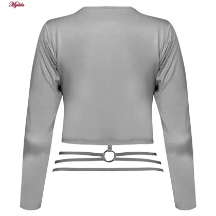 کراپ تیشرت آستین بلند زنانه مدل پشت بندی رنگ طوسی کد 5224-612P