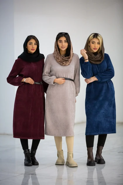 پالتو بلند کفتان زنانه یقه گرد بیسکوییتی