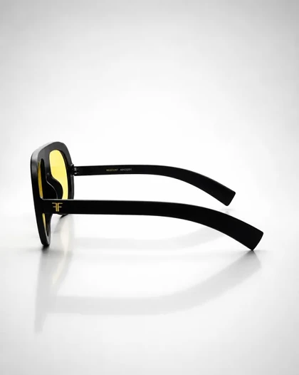 عینک آفتابی UV400 اروپایی اورسایز فریم مشکی عدسی زرد Yellow Lens Flat-Top Aviator Oversized Sunglasses