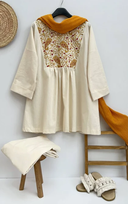 ست لینن جلو چین‌دار با خرجکار هندی کد 2917