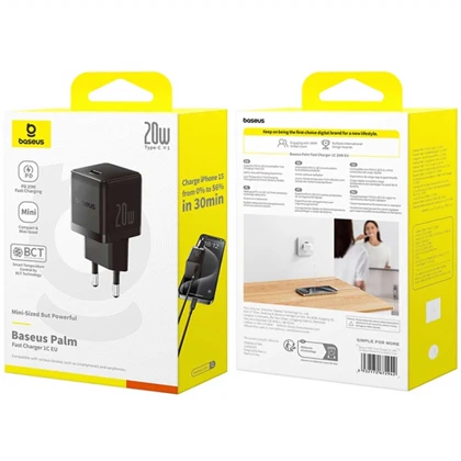 شارژر دیواری تایپ‌سی 20 وات بیسوس همراه با کابل دو سر تایپ سی 60 وات یک متری CCZC20CE