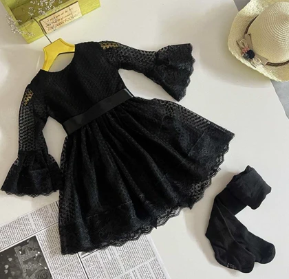 پیراهن توری مشکی دخترانه فلور