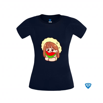 تیشرت ضدتعریق زنانه سورمه ای طرح دختر بچه کلاه زرد