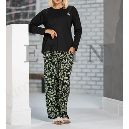 ست زنانه بلوز پنبه و شلوار ویسکوز طرح برگ