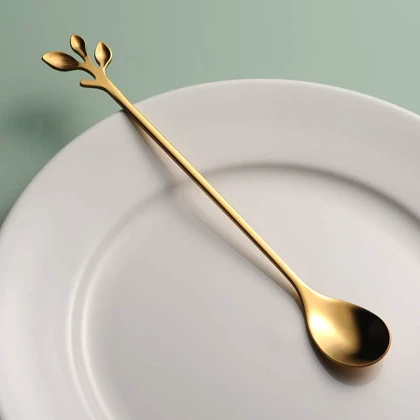قاشق بلند 6 عددی طلایی طرح برگ