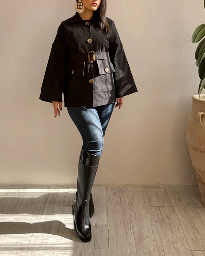 جکت کتان مشکی آستردار زنانه