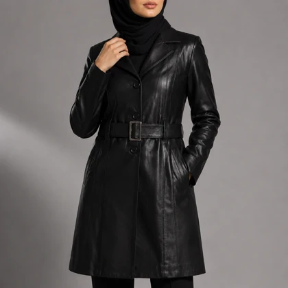 پالتو چرم طبیعی زنانه یقه انگلیسی کمربند دار