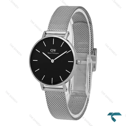 ساعت DW زنانه بند حصیری سیلور صفحه مشکی مدیوم DW-8029-L