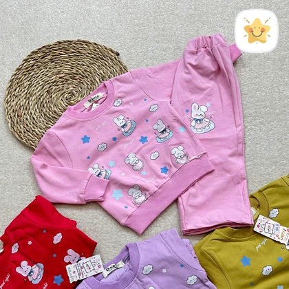 بلوز شلوار دخترانه بگ خرگوش و ابر جنس پنبه برند DENIZ مناسب 1 تا 4 سال