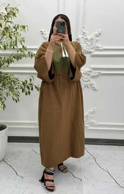 پیراهن لینن گلدوزی آستین کیمونو قهوه ای 6027