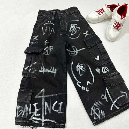 شلوار بگ دخترانه جین مشکی طرح نوشته