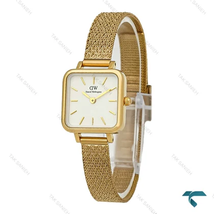 ساعت زنانه طلایی دنیل ولینگتون بند حصیری مربع صفحه سفید DW-8030-L