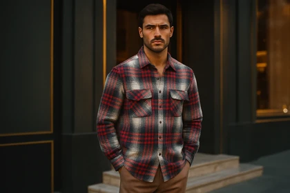 پیراهن پشمی چهارخونه با پارچه برس‌خورده و ترکیب رنگ قرمز سفید – کد 892