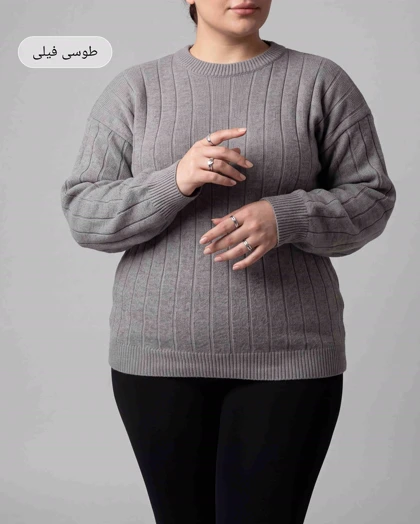 بلوز بافت سایز بزرگ پلاس یقه گرد طرح خطی آستین بلند کد 2063