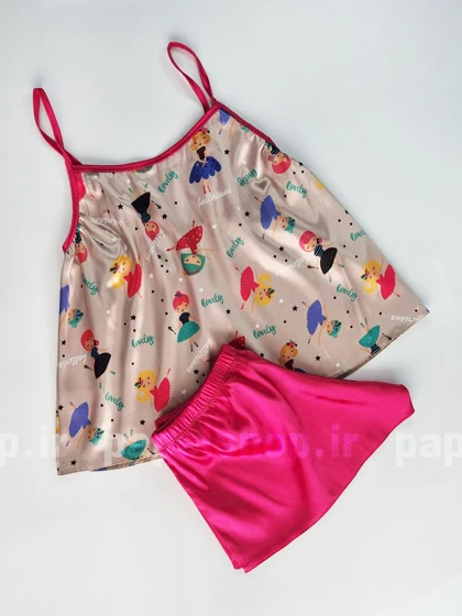 ست لباس خواب تاپ و شورتک ساتن طرح دخترک