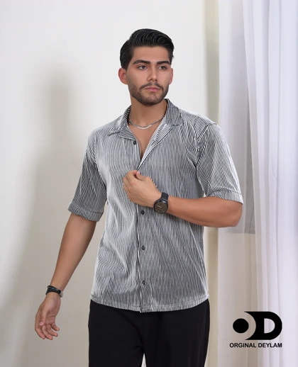 پیراهن لش باکسی مردانه یقه انگلیسی وارداتی پارچه میله ای سفید