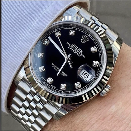 ساعت رولکس دیت جاست مردانه نقره ای صفحه مشکی ایندکس نگین Rolex Datejust silver