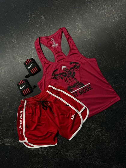 پکیج کد S682 شامل رکابی + شلوارک + مچبند با تم زرشکی