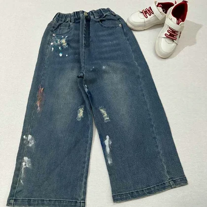 شلوار جین بگ زاپ‌دار طرح رنگی رنگی دخترانه وارداتی