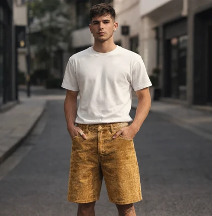 شلوارک دنیم کاستوم شده با تکنیک منحصر به فرد فویل طلایی کد 7562