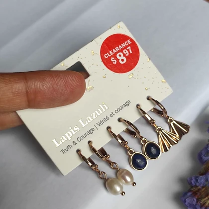 ست 3 جفتی گوشواره حلقه‌ای زنانه با سنگ طبیعی لاجورد، مروارید و آویز بادبزنی – آبکاری رزگلد