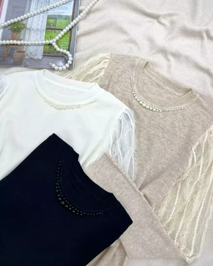 پلیور بافت استین کارشده یقه مروارید کد 5499