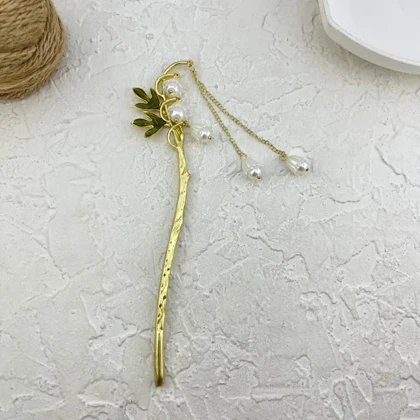 کانزاشی مو زنانه فلزی مدل فلورینا طرح گل با آویز مروارید ظریف