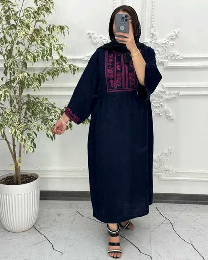 پیراهن لینن گلدوزی آستین کیمونو سرمه ای 6024