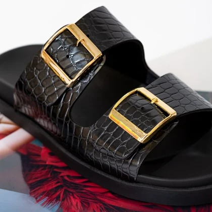 صندل زنانه Hawaii طرح کروکو- مشکی و عسلی