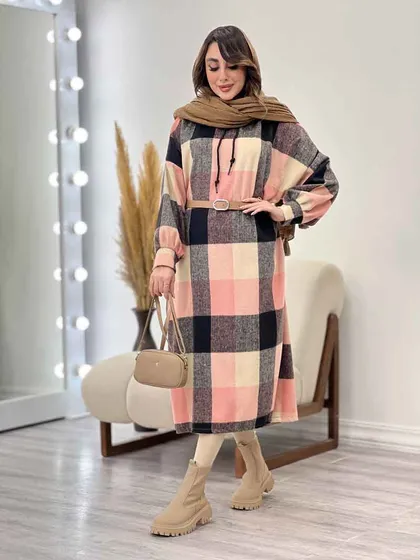 پیراهن بلند چهارخونه کلاهدار