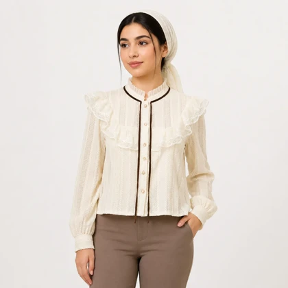 شومیز زنانه پفکی سر شانه توری سفید وارداتی