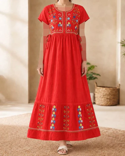 پیراهن زنانه گلدوزی آستین کوتاه هندی SH7636