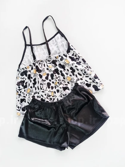 ست لباس خواب تاپ و شورتک ساتن طرح گاو