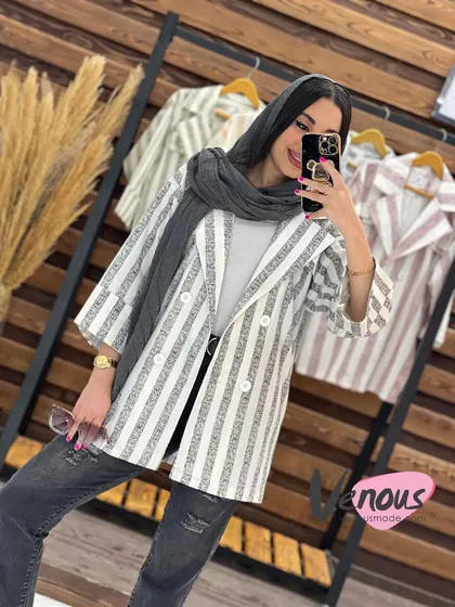 مانتو لینن راه راه چهار دکمه