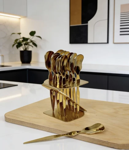 قاشق دسر خوری 12 عددی استند دار طلایی