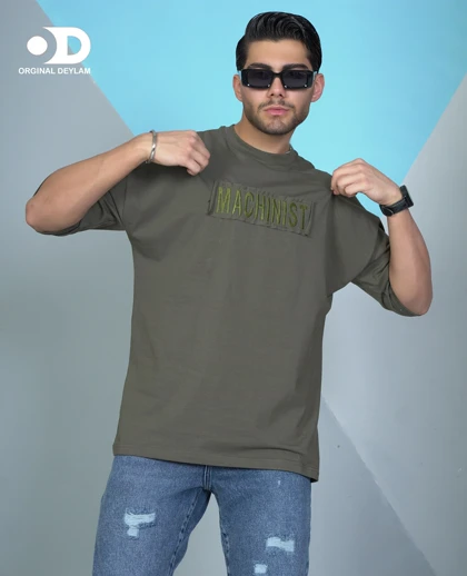 تیشرت سبز زیتونی مچینست قواره باکسی مردانه