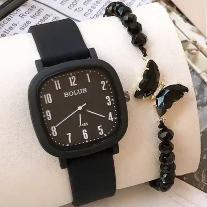 ساعت مچی زنانه برند بولون کلاسیک بند سیلیکون مشکی