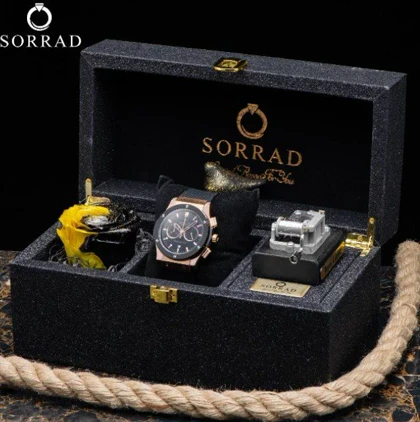 باکس هدیه موزیکال کهکشانی مشکی سه خونه / گل رز زرد-مشکی