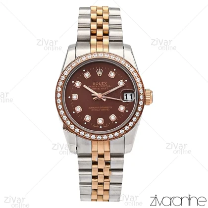 ساعت رولکس دیت جاست زنانه رزگلد نقره ای صفحه قهوه ای دور نگین 106301