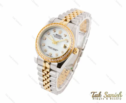 ساعت رولکس زنانه دیت جاست طلایی سیلور نگین‌دار Rolex-3347-L